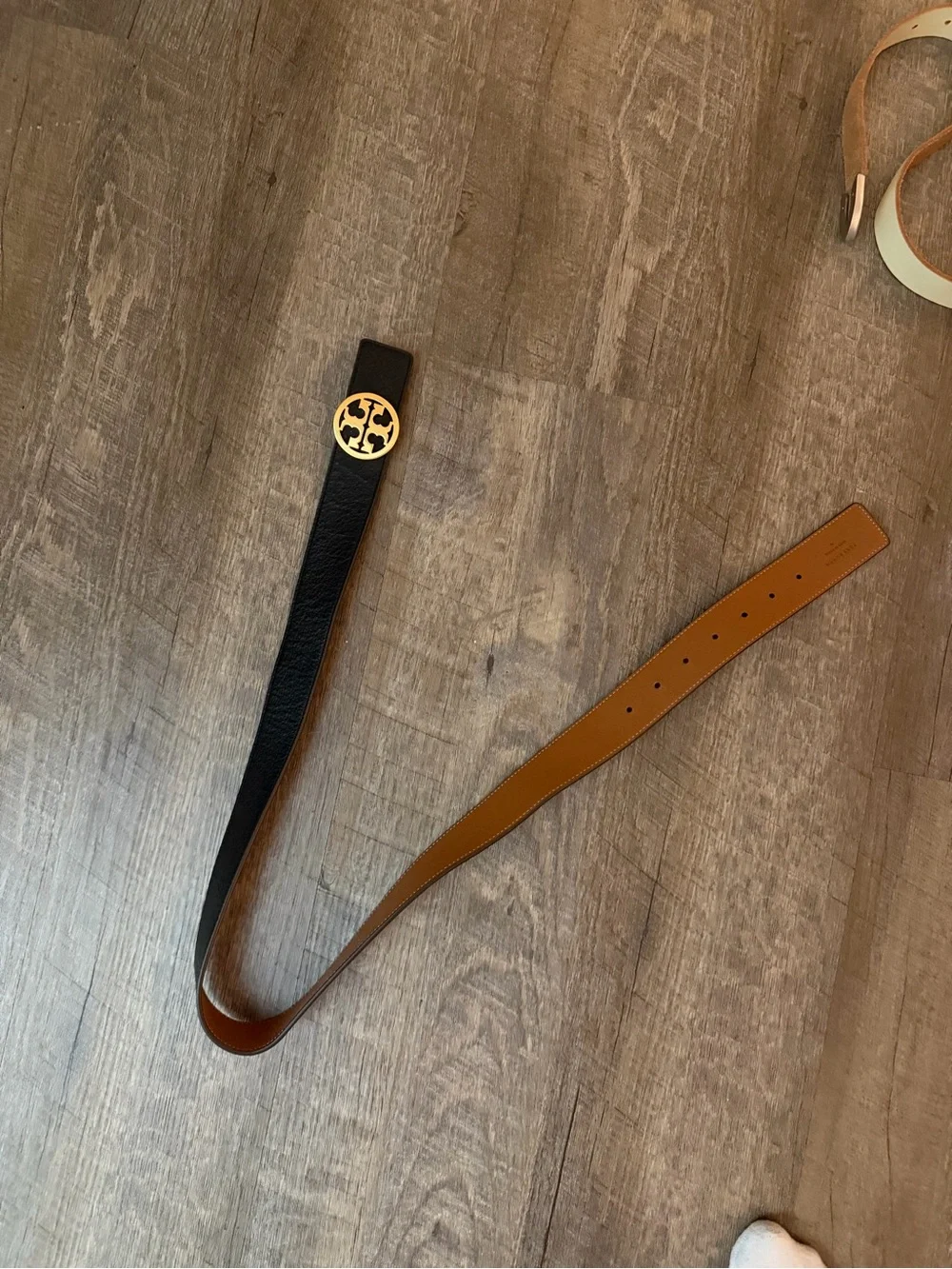 Tory Burch Miller Reversible Black/Brown Leather Belt with Gold Logo Medallion
